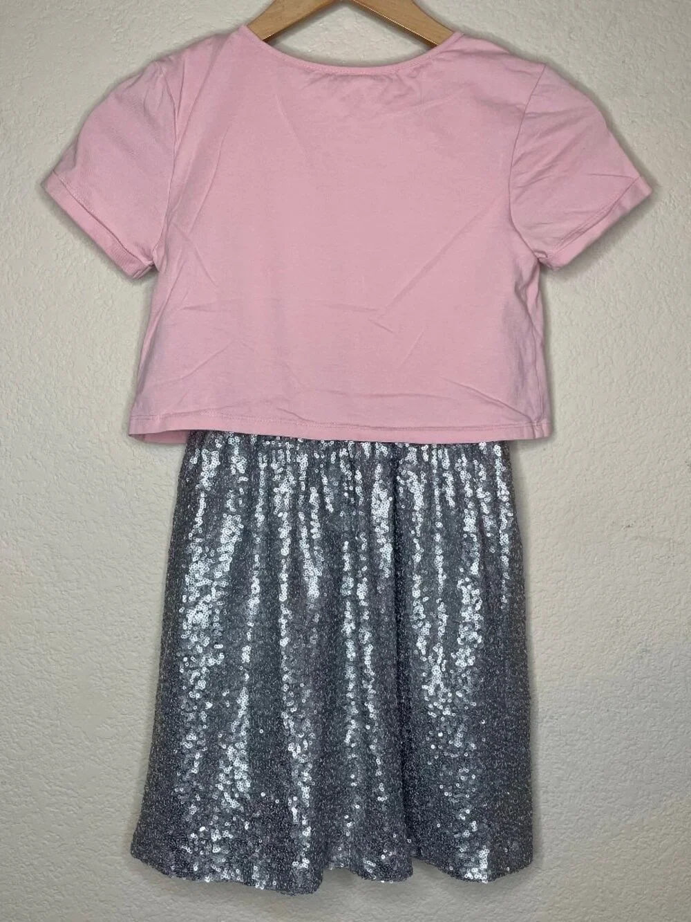 GAP Kids Y2K Layered Sequin Dress Pink Silver Crop Tee Mini Size L 12